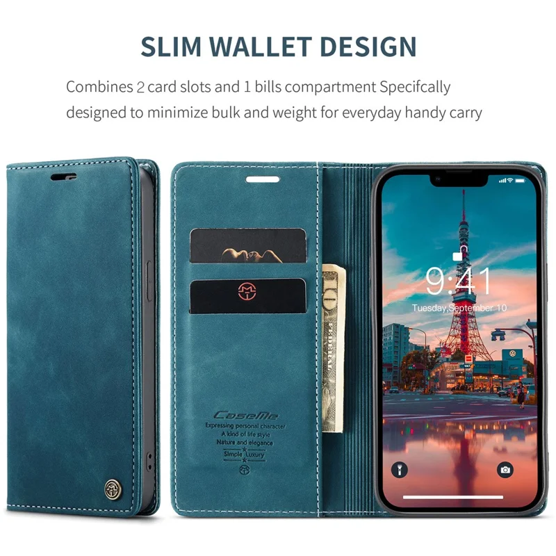 CASEME 013 Series For iPhone 15 Leather Wallet Phone Case Flip Stand Drop-proof Cover - Blue