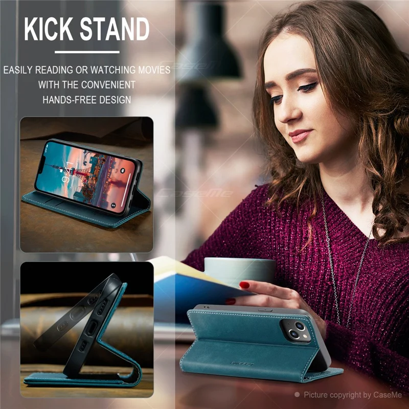 CASEME 013 Series For iPhone 15 Leather Wallet Phone Case Flip Stand Drop-proof Cover - Blue