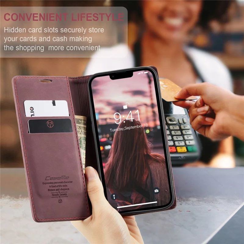 CASEME 013 Series For iPhone 15 Leather Wallet Phone Case Flip Stand Drop-proof Cover - Red