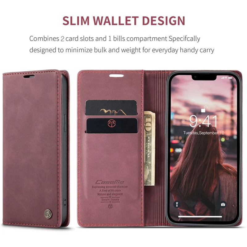 CASEME 013 Series For iPhone 15 Leather Wallet Phone Case Flip Stand Drop-proof Cover - Red