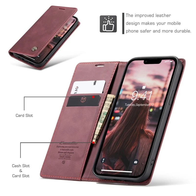 CASEME 013 Series For iPhone 15 Leather Wallet Phone Case Flip Stand Drop-proof Cover - Red