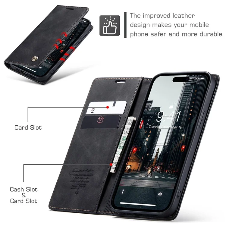 CASEME 013 Series per iPhone 15 Pro Max Custodia portafoglio in pelle con supporto - Nero