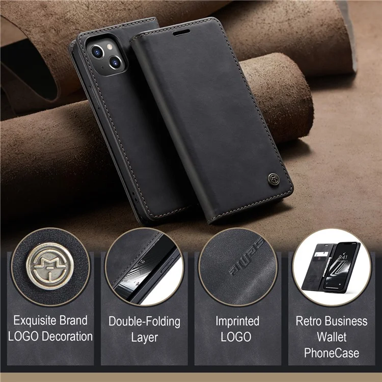 CASEME 013 Series Pour iPhone 15 Plus Étui en Cuir PU Anti-chute Étui Portefeuille avec Support Pliable - Noir