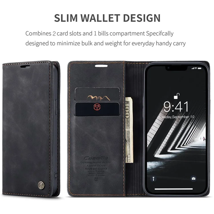CASEME 013 Series Pour iPhone 15 Plus Étui en Cuir PU Anti-chute Étui Portefeuille avec Support Pliable - Noir
