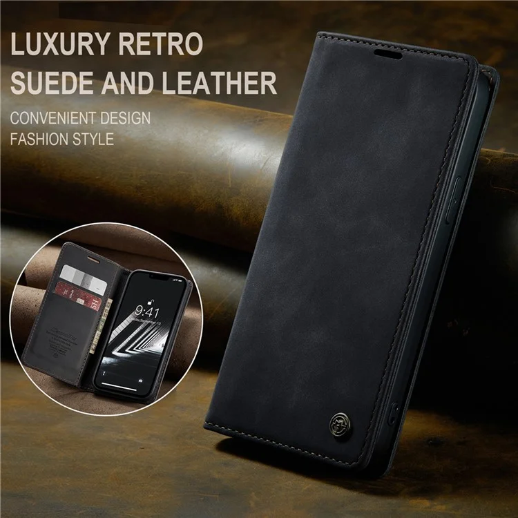 CASEME 013 Series Pour iPhone 15 Plus Étui en Cuir PU Anti-chute Étui Portefeuille avec Support Pliable - Noir