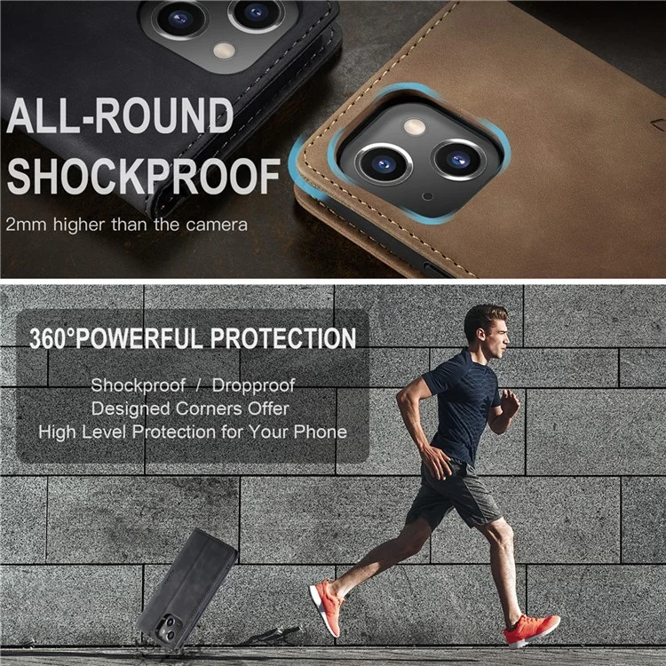 CASEME 013 Series Pour iPhone 15 Plus Étui en Cuir PU Anti-chute Étui Portefeuille avec Support Pliable - Noir