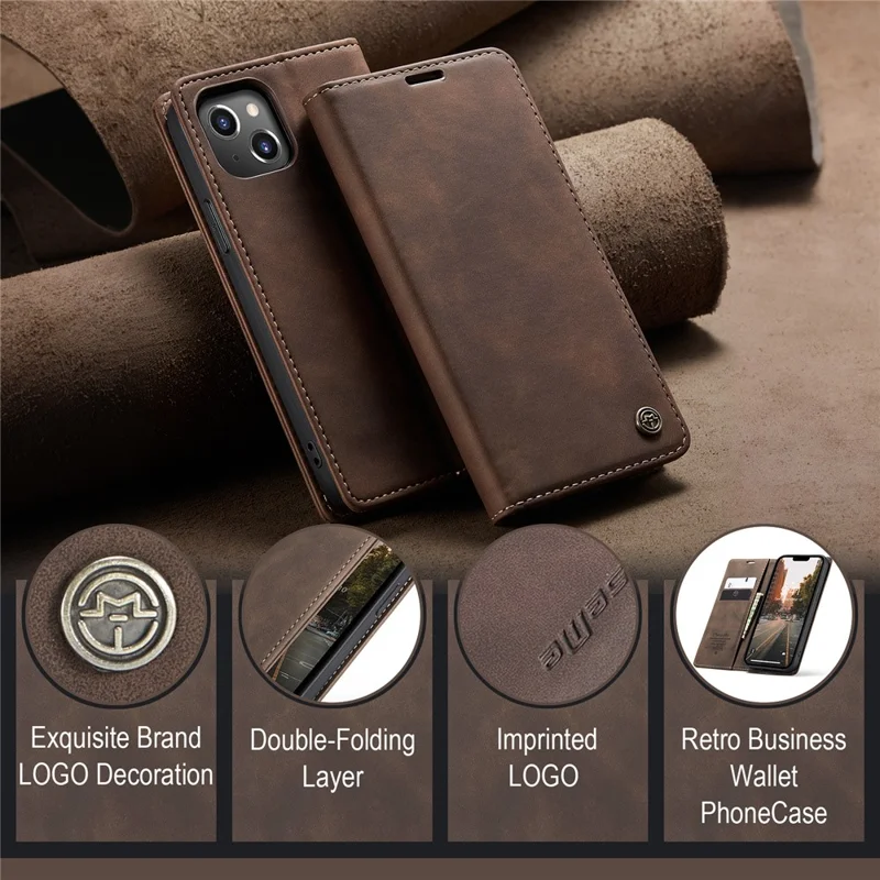 CASEME 013 Series For iPhone 15 Plus PU Leather Anti-drop Phone Case Folding Stand Wallet Cover - Coffee
