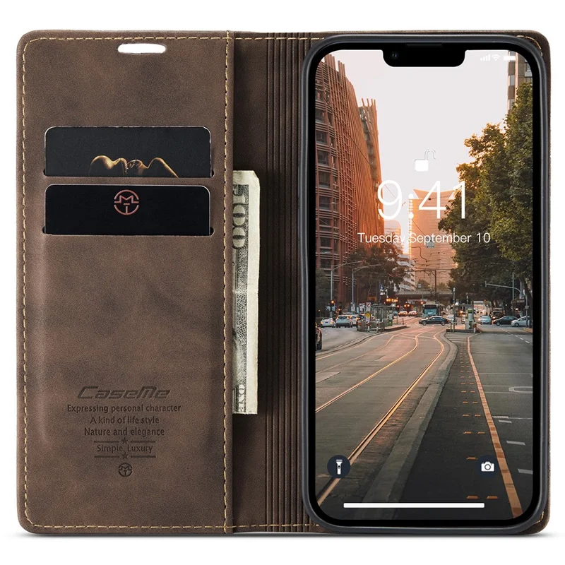 CASEME 013 Series For iPhone 15 Plus PU Leather Anti-drop Phone Case Folding Stand Wallet Cover - Coffee