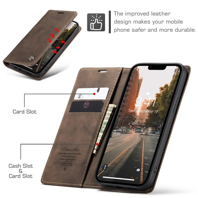 CASEME 013 Series For iPhone 15 Plus PU Leather Anti-drop Phone Case Folding Stand Wallet Cover - Coffee