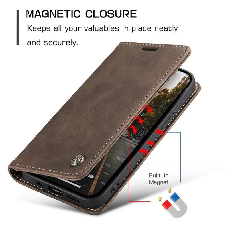 CASEME 013 Series For iPhone 15 Plus PU Leather Anti-drop Phone Case Folding Stand Wallet Cover - Coffee