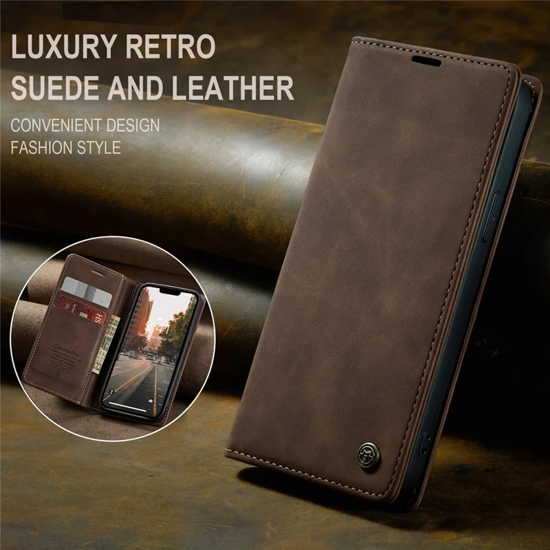 CASEME 013 Series For iPhone 15 Plus PU Leather Anti-drop Phone Case Folding Stand Wallet Cover - Coffee