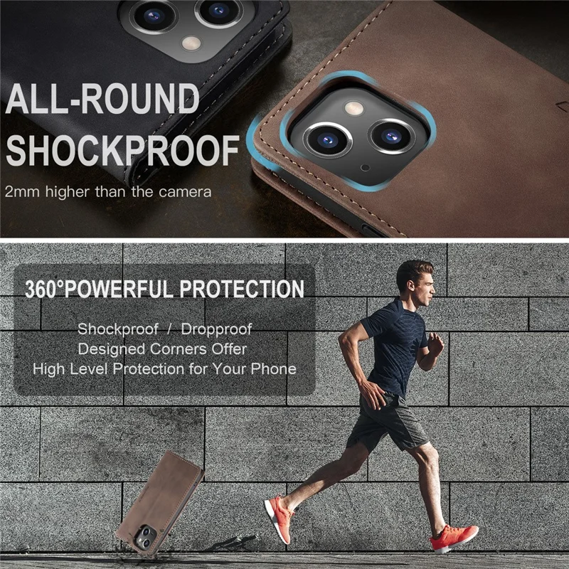 CASEME 013 Series For iPhone 15 Plus PU Leather Anti-drop Phone Case Folding Stand Wallet Cover - Coffee