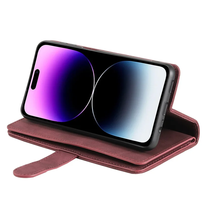 For iPhone 15 Plus Wallet Stand Cover Zipper Pocket 9 Card Slots Phone Shell PU Leather Case - Wine Red