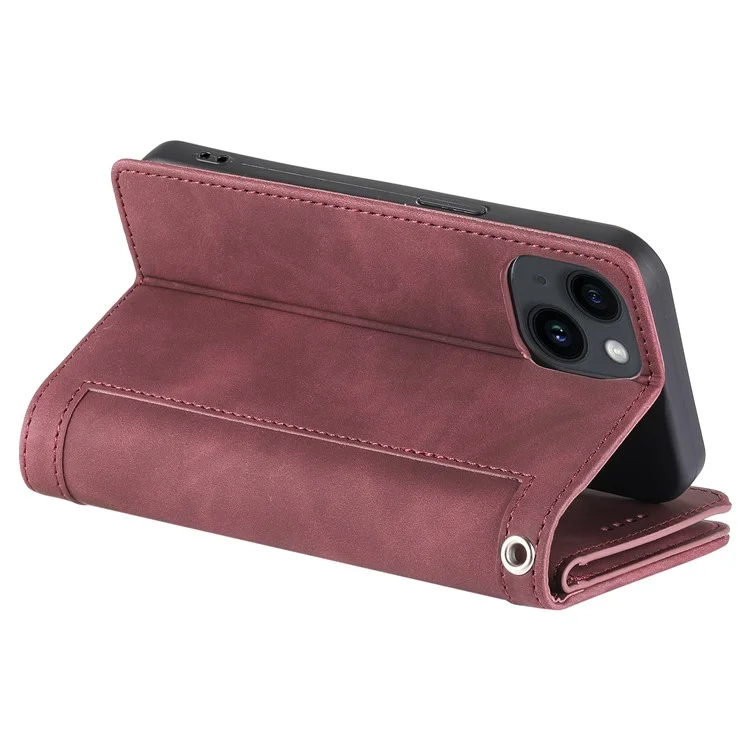 For iPhone 15 Plus Wallet Stand Cover Zipper Pocket 9 Card Slots Phone Shell PU Leather Case - Wine Red