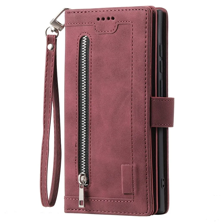 For iPhone 15 Plus Wallet Stand Cover Zipper Pocket 9 Card Slots Phone Shell PU Leather Case - Wine Red