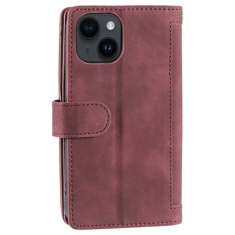 For iPhone 15 Plus Wallet Stand Cover Zipper Pocket 9 Card Slots Phone Shell PU Leather Case - Wine Red