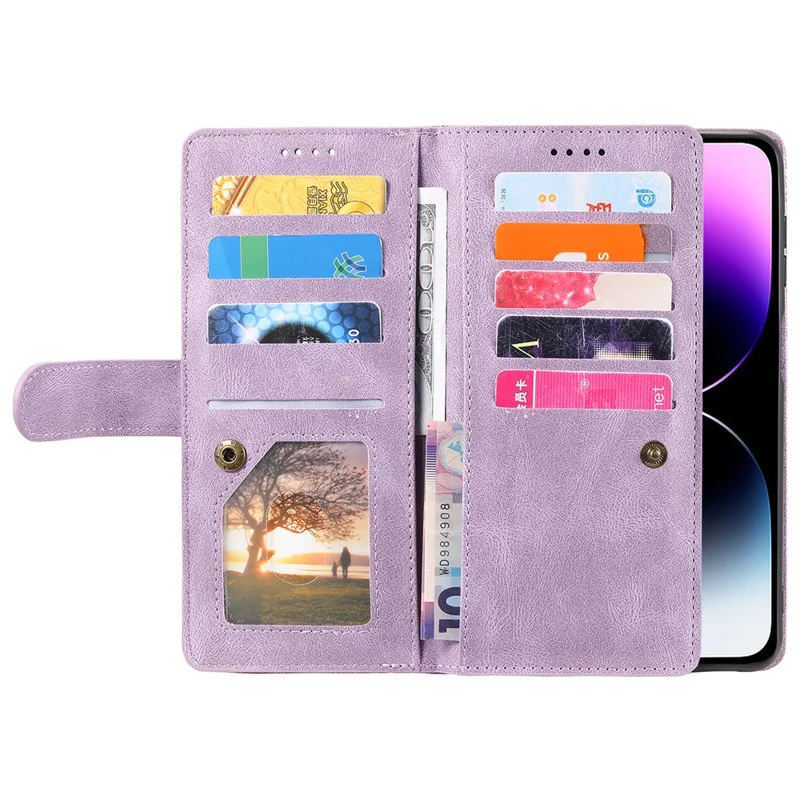 For iPhone 15 Plus Wallet Stand Cover Zipper Pocket 9 Card Slots Phone Shell PU Leather Case - Purple