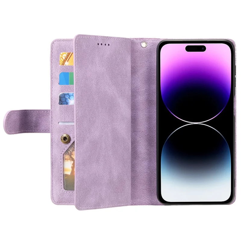 For iPhone 15 Plus Wallet Stand Cover Zipper Pocket 9 Card Slots Phone Shell PU Leather Case - Purple