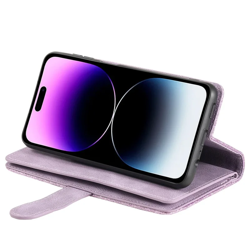 For iPhone 15 Plus Wallet Stand Cover Zipper Pocket 9 Card Slots Phone Shell PU Leather Case - Purple