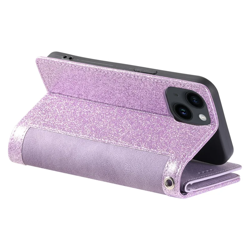 For iPhone 15 Plus Wallet Stand Cover Zipper Pocket 9 Card Slots Phone Shell PU Leather Case - Purple