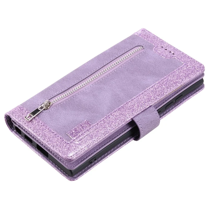 For iPhone 15 Plus Wallet Stand Cover Zipper Pocket 9 Card Slots Phone Shell PU Leather Case - Purple