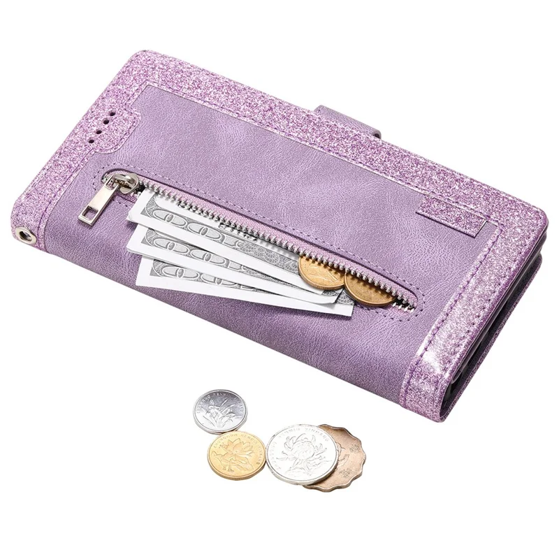 For iPhone 15 Plus Wallet Stand Cover Zipper Pocket 9 Card Slots Phone Shell PU Leather Case - Purple