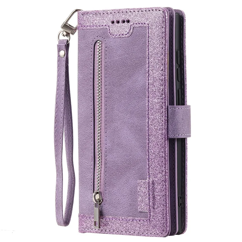 For iPhone 15 Plus Wallet Stand Cover Zipper Pocket 9 Card Slots Phone Shell PU Leather Case - Purple