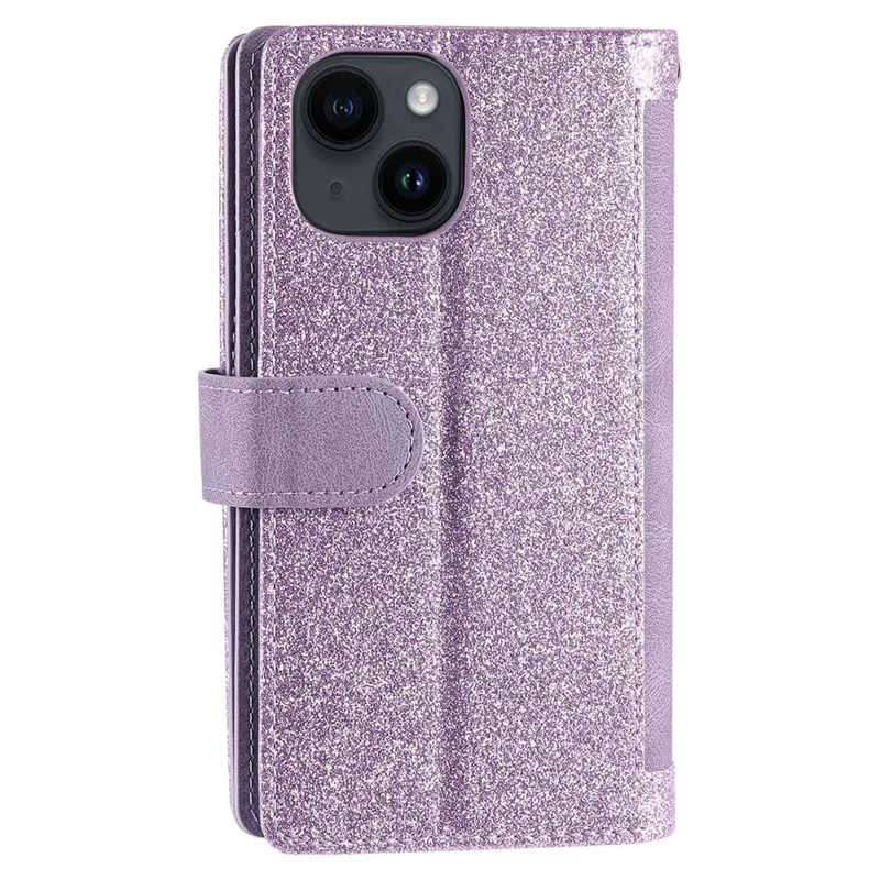 For iPhone 15 Plus Wallet Stand Cover Zipper Pocket 9 Card Slots Phone Shell PU Leather Case - Purple