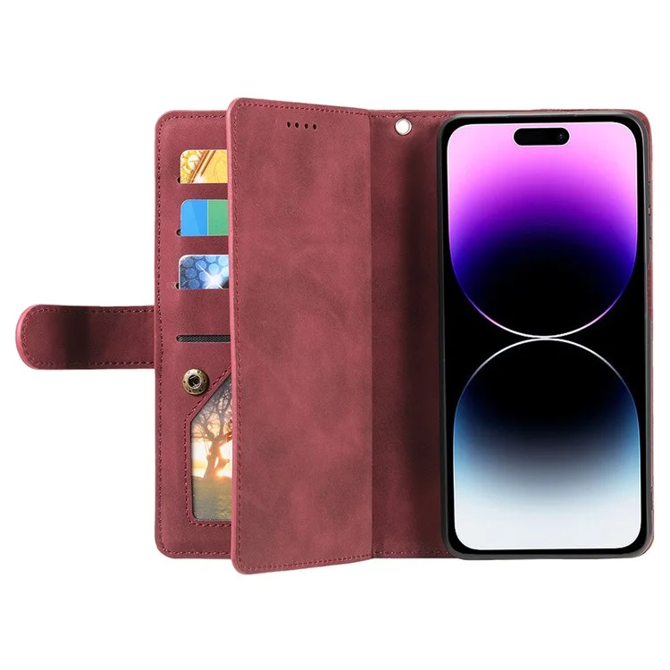 For iPhone 15 Pro Phone Shell PU Leather Wallet Stand Cover Zipper Pocket 9 Card Slots Case - Wine Red