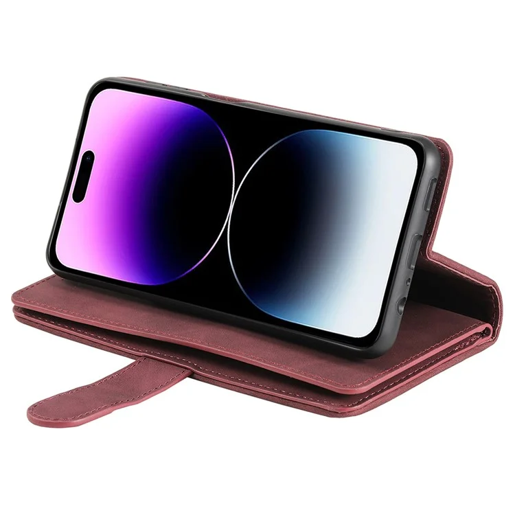 For iPhone 15 Pro Phone Shell PU Leather Wallet Stand Cover Zipper Pocket 9 Card Slots Case - Wine Red