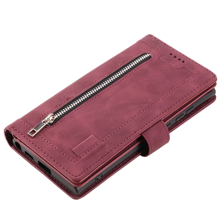For iPhone 15 Pro Phone Shell PU Leather Wallet Stand Cover Zipper Pocket 9 Card Slots Case - Wine Red