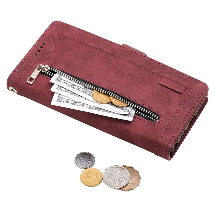 For iPhone 15 Pro Phone Shell PU Leather Wallet Stand Cover Zipper Pocket 9 Card Slots Case - Wine Red