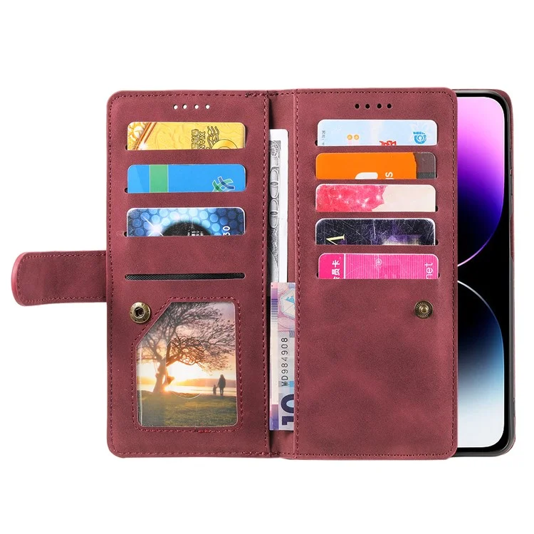 Per iPhone 15 Pro Max Zipper Pocket 9 Card Slots Phone Shell PU Leather Wallet Stand Cover Case - Wine Red