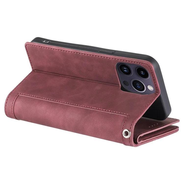 Per iPhone 15 Pro Max Zipper Pocket 9 Card Slots Phone Shell PU Leather Wallet Stand Cover Case - Wine Red