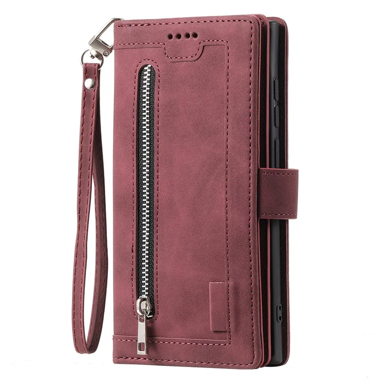 Per iPhone 15 Pro Max Zipper Pocket 9 Card Slots Phone Shell PU Leather Wallet Stand Cover Case - Wine Red