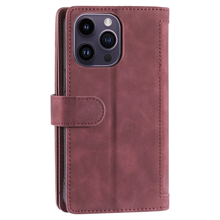 Per iPhone 15 Pro Max Zipper Pocket 9 Card Slots Phone Shell PU Leather Wallet Stand Cover Case - Wine Red