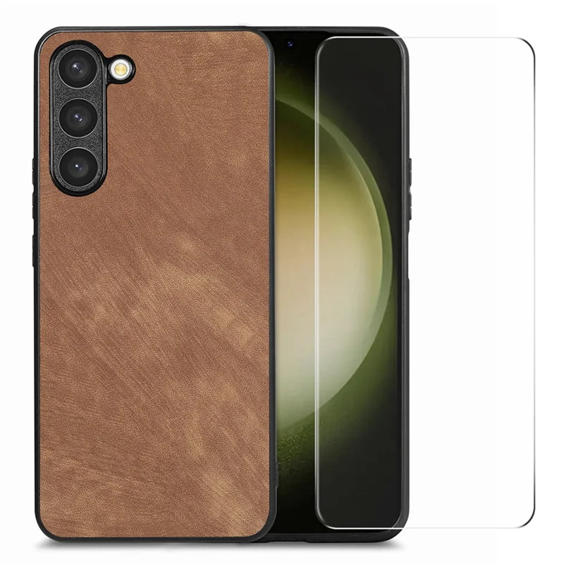 ENKAY HAT PRINCE для чехла Samsung Galaxy S23 Retro Phone Case, кожаное покрытие из ПК с пленкой из высокоалюминиевого кремниевого стекла толщиной 0,18 мм - коричневый