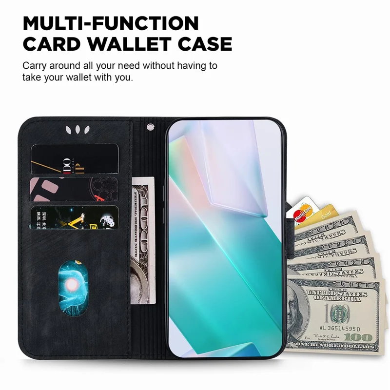 For iPhone 15 Pro Cute Tiger Pattern Imprinted PU Leather Anti-drop Cover Wallet Stand Phone Case - Black