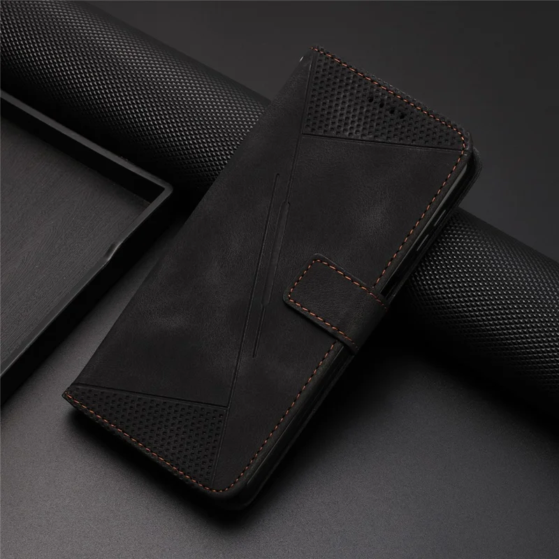 Leather Case for iPhone 15 Pro , Imprinted Triangle Pattern Stand Wallet Phone Cover with Hand Strap - Black