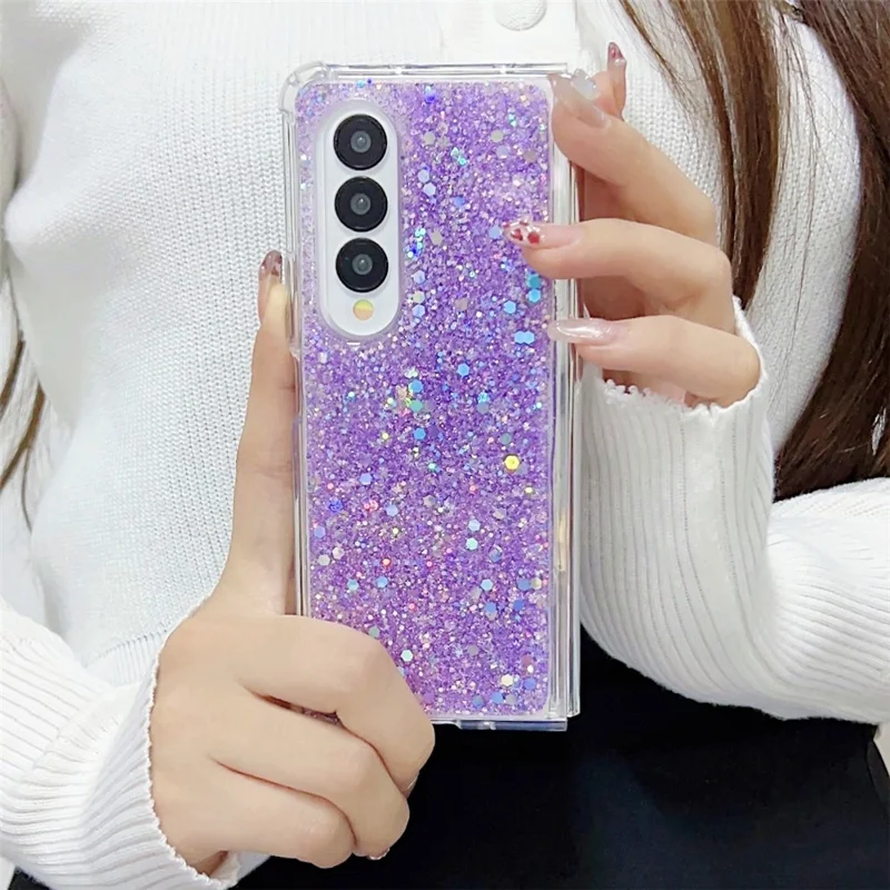 Per Samsung Galaxy Z Fold3 5G Hard PC Glitter Cover Epoxy Reinforced Corners Shockproof Phone Case - Viola