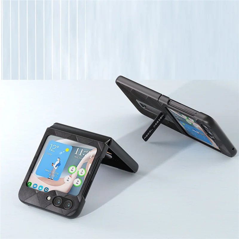 ABEEL For Samsung Galaxy Z Flip5 5G Kickstand Protective Case PU Leather Coated PC Grid Texture Phone Cover - Black