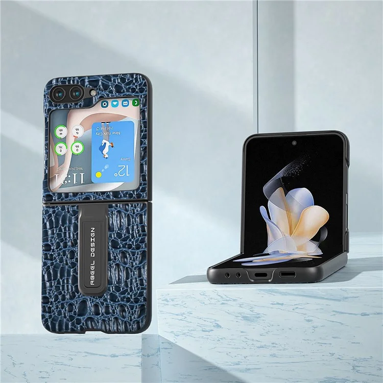 ABEEL For Samsung Galaxy Z Flip5 5G Kickstand Back Cover Genuine Cow Leather+PC Canopy Texture Phone Case - Black