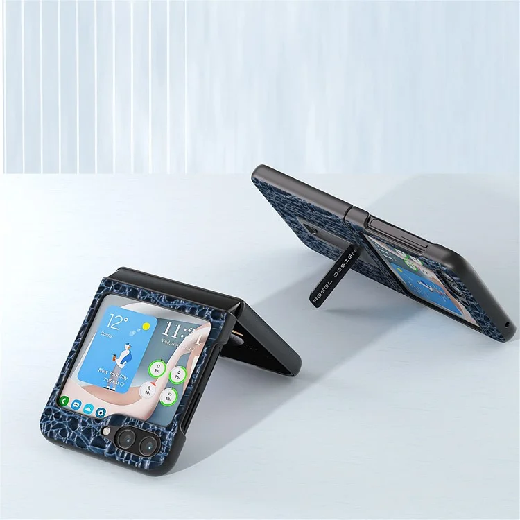 ABEEL For Samsung Galaxy Z Flip5 5G Kickstand Back Cover Genuine Cow Leather+PC Canopy Texture Phone Case - Black