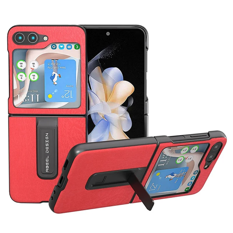 ABEEL For Samsung Galaxy Z Flip5 5G Wood Texture Back Case PU Leather+PC Kickstand Phone Cover - Red