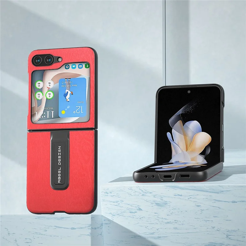 ABEEL For Samsung Galaxy Z Flip5 5G Wood Texture Back Case PU Leather+PC Kickstand Phone Cover - Red
