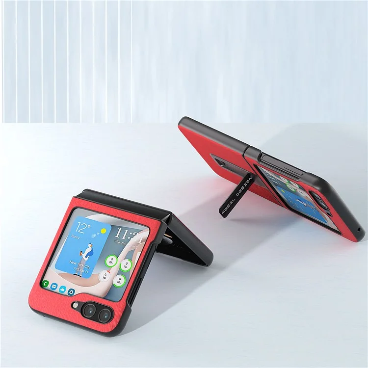 ABEEL For Samsung Galaxy Z Flip5 5G Wood Texture Back Case PU Leather+PC Kickstand Phone Cover - Red