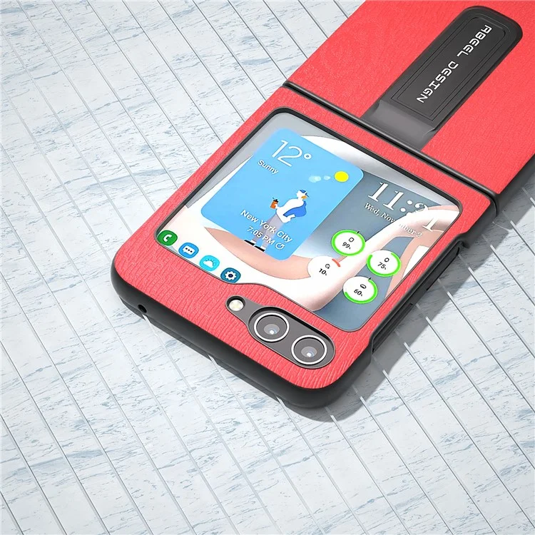ABEEL For Samsung Galaxy Z Flip5 5G Wood Texture Back Case PU Leather+PC Kickstand Phone Cover - Red