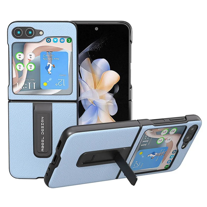ABEEL For Samsung Galaxy Z Flip5 5G Kickstand Phone Case Genuine Cow Leather+PC Textured Cover - Blue
