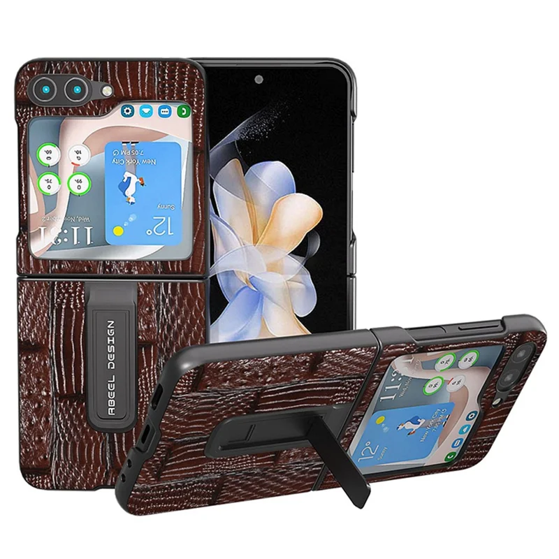 ABEEL Per Samsung Galaxy Z Flip5 5G Mahjong Texture Kickstand Cover Genuine Cow Leather+PC Phone Case - Marrone