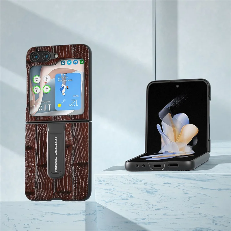 ABEEL Per Samsung Galaxy Z Flip5 5G Mahjong Texture Kickstand Cover Genuine Cow Leather+PC Phone Case - Marrone